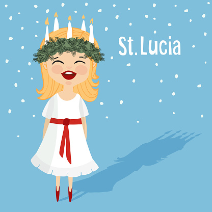Cute little girl with wreath and candle crown, Saint Lucia. Swedish Christmas tradition. Flat design, vector illustration background.