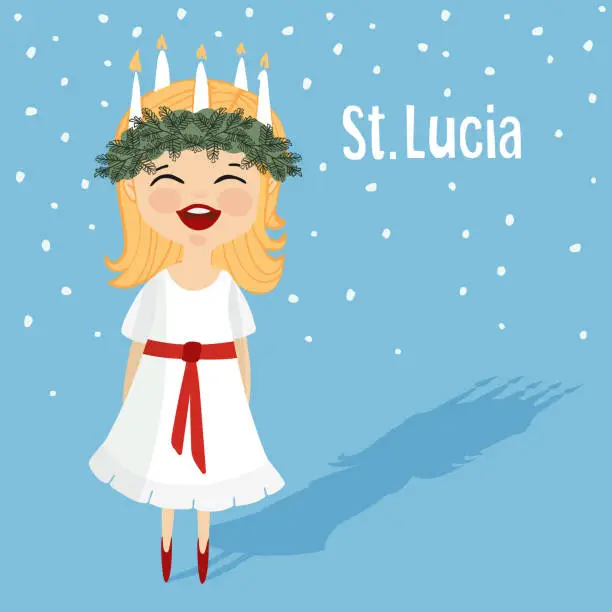 Vector illustration of Little girl with wreath and candle crown. Swedish Saint Lucia.