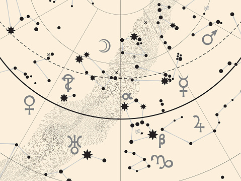 Fragment of Astronomical Celestial Atlas: Stars, Heavens, Planets. (Ancient Silver background EPS-8)