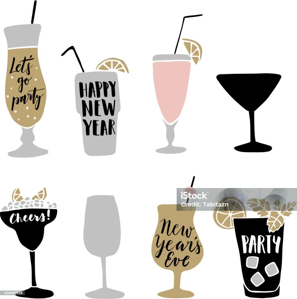 Hand drawn alcoholic cocktails with lettering quotes. Happy New Year. Set of hand drawn alcoholic drinks, cocktails with lettering quotes. Happy New Year celebration concept. Isolated vector icons. Drawing - Activity stock vector