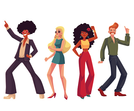 People in 1970s style clothes dancing disco, cartoon style vector illustration isolated on white background. Men and women in 60s, 70s style clothing dancing at retro disco party