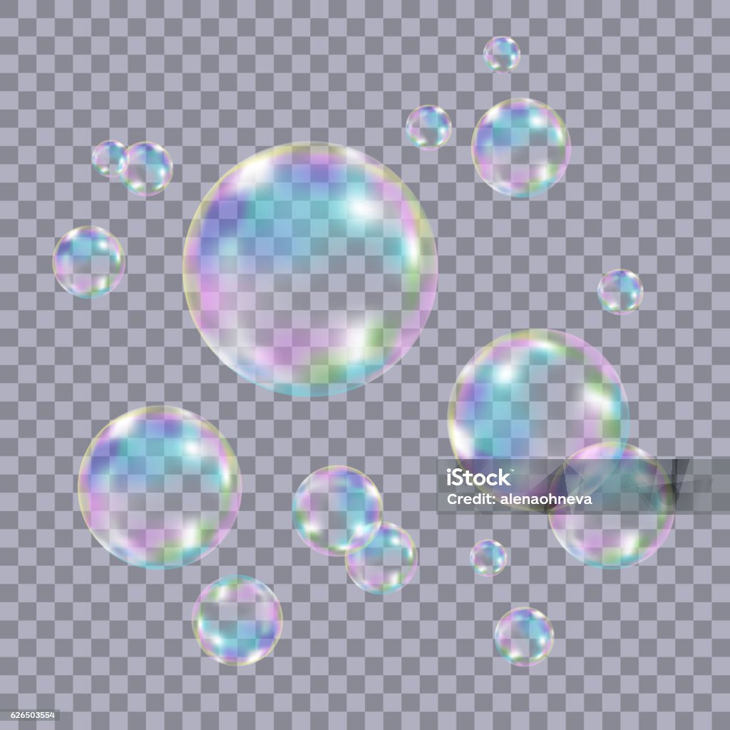 Set of realistic transparent colorful soap  bubbles. Set of realistic transparent colorful soap  bubbles with rainbow reflection isolated on checkered background. Vector texture. Soap Sud stock vector