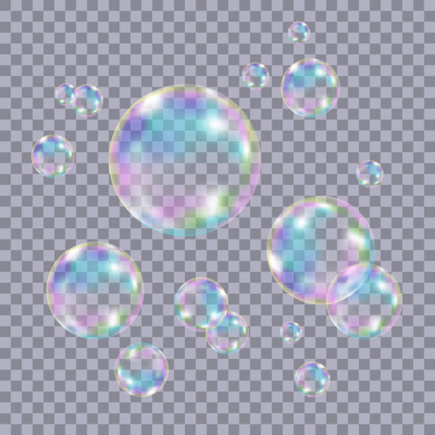 Set of realistic transparent colorful soap  bubbles. Set of realistic transparent colorful soap  bubbles with rainbow reflection isolated on checkered background. Vector texture. soap stock illustrations