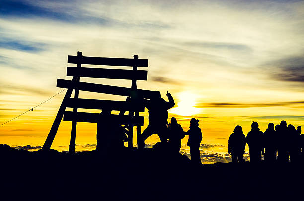 escursionisti all'alba - uhuru peak, kilimangiaro, tanzania - sunrise mountain winter arctic foto e immagini stock