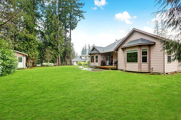 istock Backyard view of luxury home 626511488