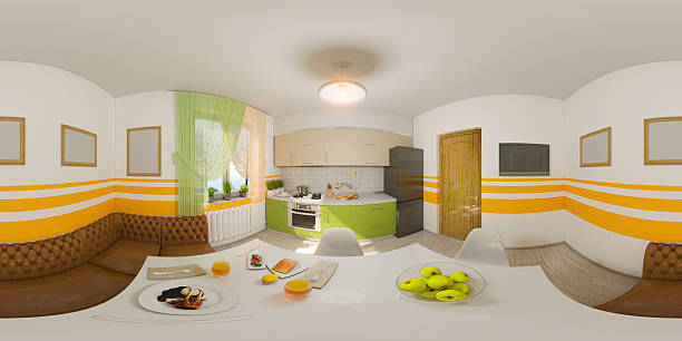 illustration nahtloses panorama der küche innen - small domestic kitchen apartment rental stock-fotos und bilder