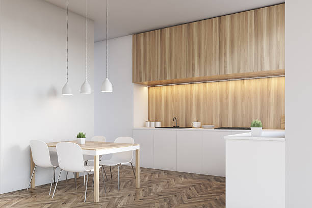 istock Side view of a light wood kitchen interior 626514926