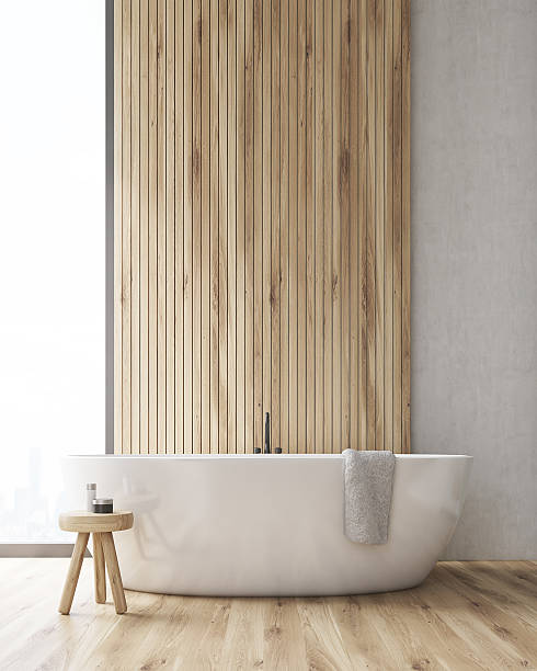 istock bathroom with a tub and a wooden wall 626515766