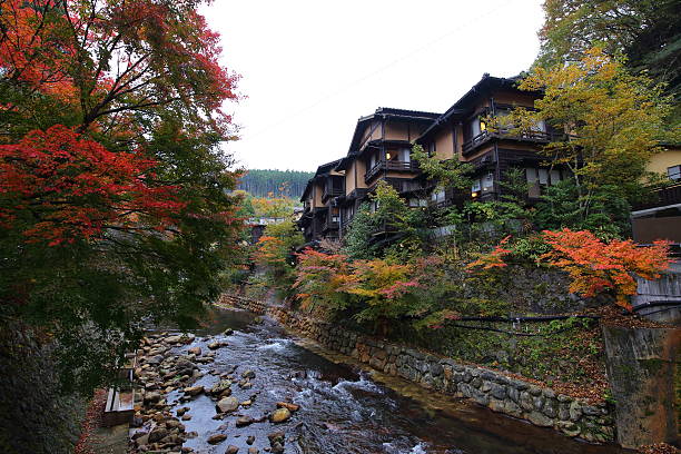 feuilles d’automne de kurokawa onsen - japanese maple leaf water japan photos et images de collection