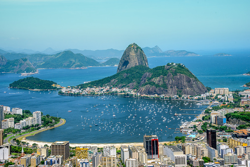 View from the bird's eye view on the Sugarloaf mountain, Botafogo bay with white sailing yachts and city landscape, Rio de Janeiro, Brazil
