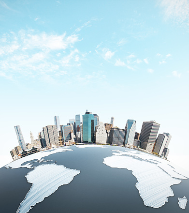 Abstract earth with cityscape on sky background. Urbanization concept. 3D Rendering