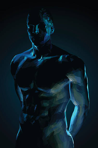 ilustraciones, imágenes clip art, dibujos animados e iconos de stock de cuerpo masculino poligonal sobre azul oscuro bg - muscular build human muscle men anatomy