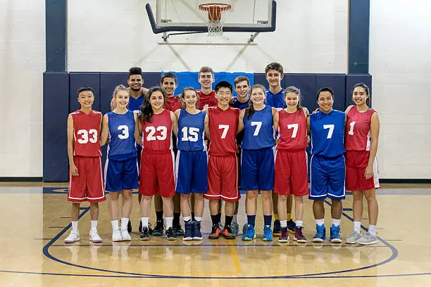 Photo of Diverse co-ed group of high school basketball players