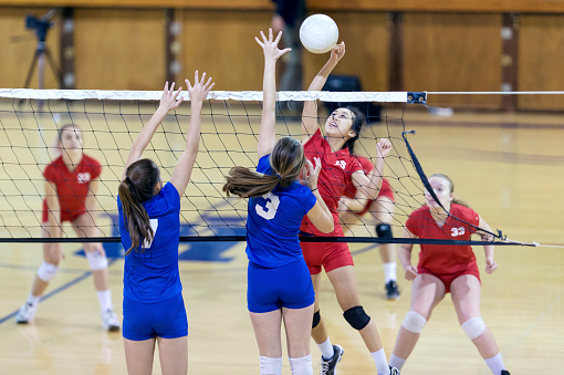 Multicultural female teenage volleyball players hitting and passing a ball on volleyball court during the training. A young interracial professional sportswomen practicing volleyball on indoor court.