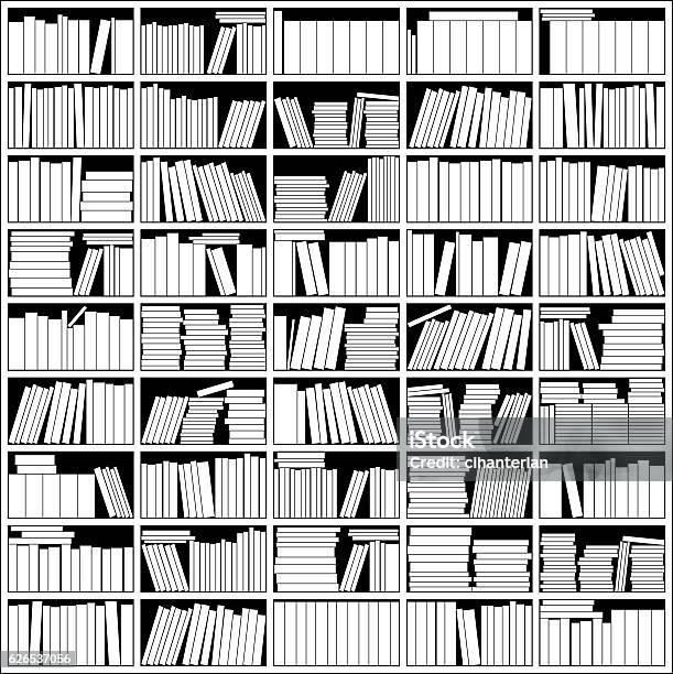 Bookshelf In Black And White Stock Illustration - Download Image Now - Bookshelf, Library, Shelf