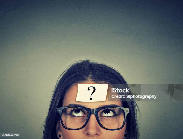 Thinking Woman With Question Mark Stock Photo - Download Image Now - Contemplation, Uncertainty, Question Mark