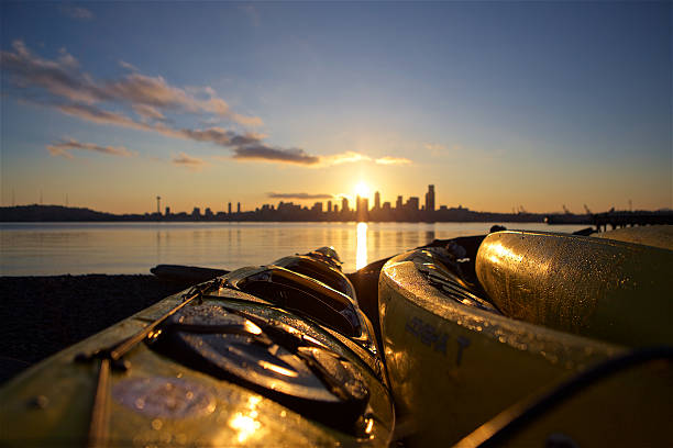 Seattle in the morning with kayaks. stock photo