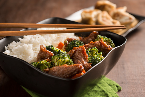 Beef and Broccoli with White Rice and Dumplings.