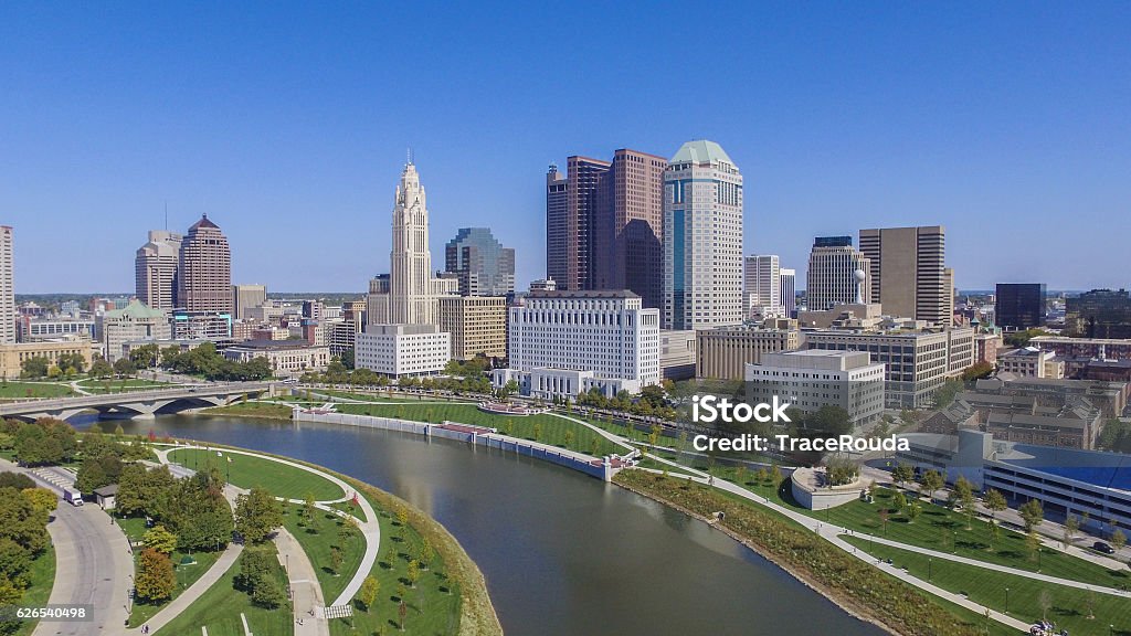 Downtown Columbus, Ohio Downtown Columbus, Ohio on a beautiful summer day. Columbus is the capital of Ohio and largest city of Franklin County. Architecture Stock Photo