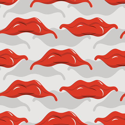 Red lips seamless pattern. Pleased with mouth background. Romantic texture fabric