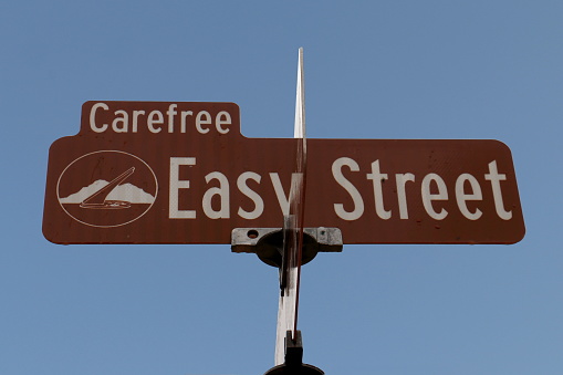 The sign for Easy Street in Carefree, Arizona is photographed against a blue sky.