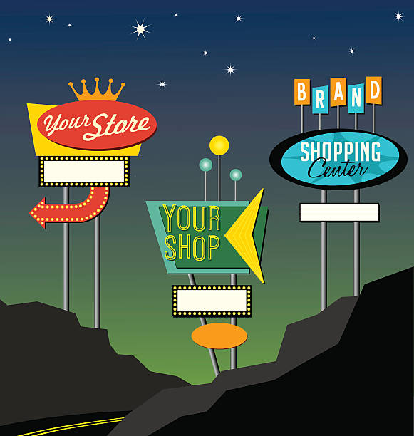 set of retro lighted roadside signs. Edit for your design. set of retro marquee lighted sign designs against night sky. Similar in design to shopping centers, motels and restaurants of the 1950s and 1960s. promote your site, sales and announcements in a unique way. 1950s diner stock illustrations