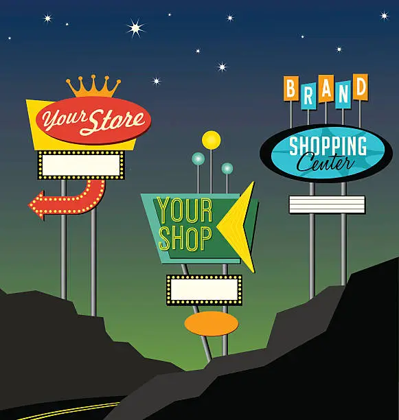 Vector illustration of set of retro lighted roadside signs. Edit for your design.