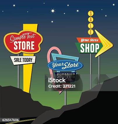 istock set of retro lighted roadside signs. Edit for your design. 626547606