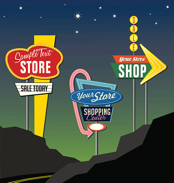 set of retro lighted roadside signs. Edit for your design. set of retro marquee lighted sign designs against night sky. Similar in design to shopping centers, motels and restaurants of the 1950s and 1960s. promote your site, sales and announcements in a unique way. billboard illustrations stock illustrations