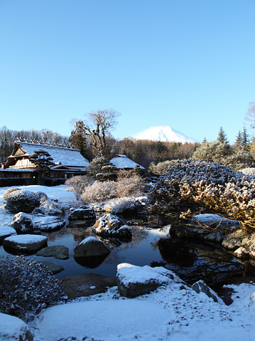 Oshino, Japan - February 18, 2012: Oshino Hakkai is a small village in the Fuji Five Lake region, located between Lake Kawaguchiko and Lake Yamanakako. During winter season.