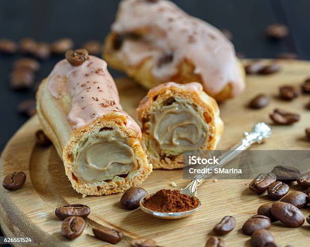 Delicious Coffee Eclairs Stock Photo - Download Image Now - Coffee Crop, Custard, Eclair