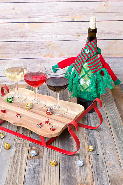Wine flight with colorful holiday decorations