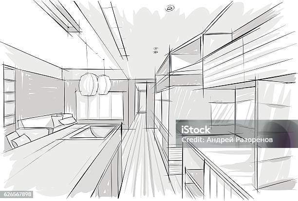 Vector Sketch Of Kitchen Stock Illustration - Download Image Now - Architecture, Arts Culture and Entertainment, Built Structure