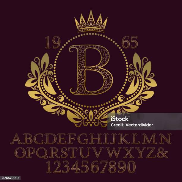 Golden Ornate Letters And Numbers With Initial Monogram Stock Illustration - Download Image Now