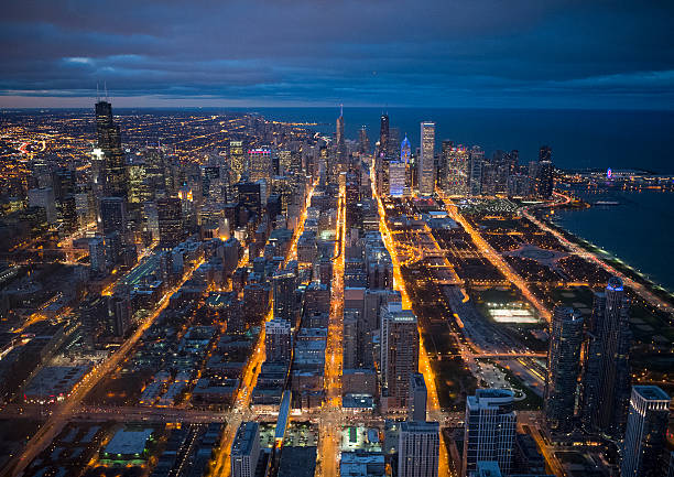 istock Night view of Chicago seen from above 626574628