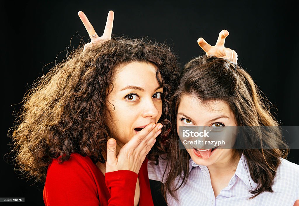 Two playful women Two friends having a great time with each other and making faces Adult Stock Photo