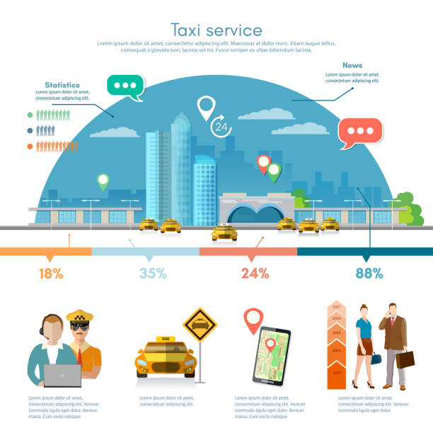 ilustrações de stock, clip art, desenhos animados e ícones de taxi service infographics, passengers, driver, taxi station - uber