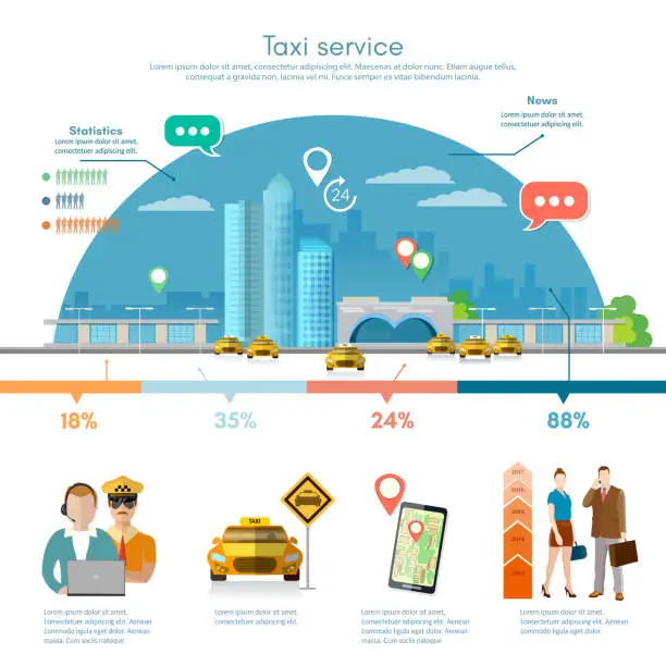 Vector illustration of Taxi service infographics, passengers, driver, taxi station