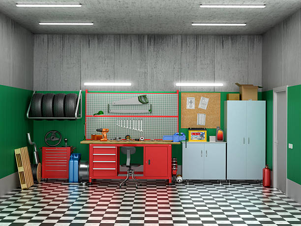 istock Interior garage with car parts and tools. 626583642
