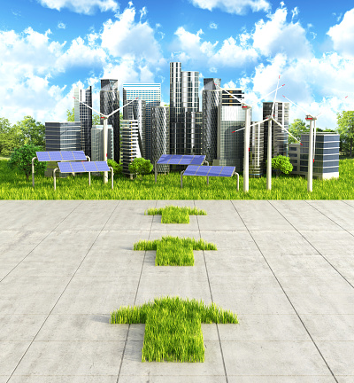 Concept the way to clean the city. Arrow from grass on a concrete background indicating green city. 3D illustration