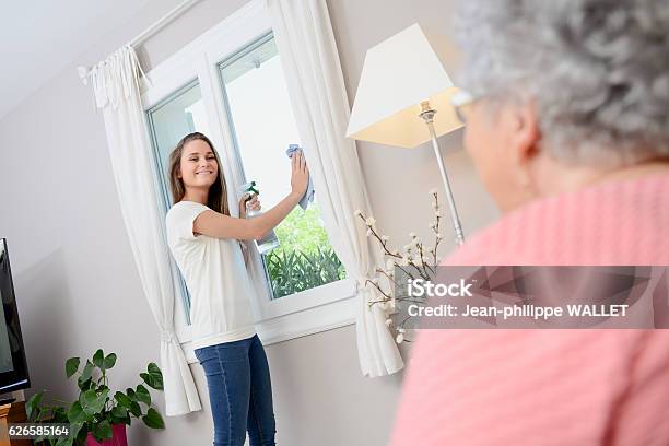 Cheerful Young Girl Helping With Household Chores Elderly Woman Home Stock Photo - Download Image Now