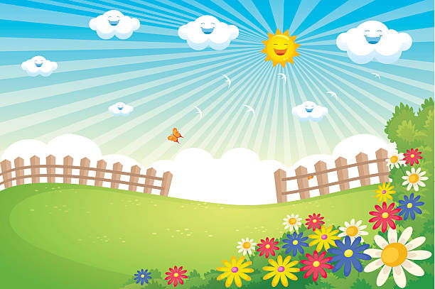 ilustraciones, imágenes clip art, dibujos animados e iconos de stock de vector de paisaje de primavera soleada - spring grass cloud butterfly