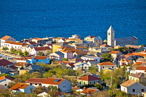 Green nature and blue sea, view of Town of Vinjerac watefront view, Dalmatia, Croatia