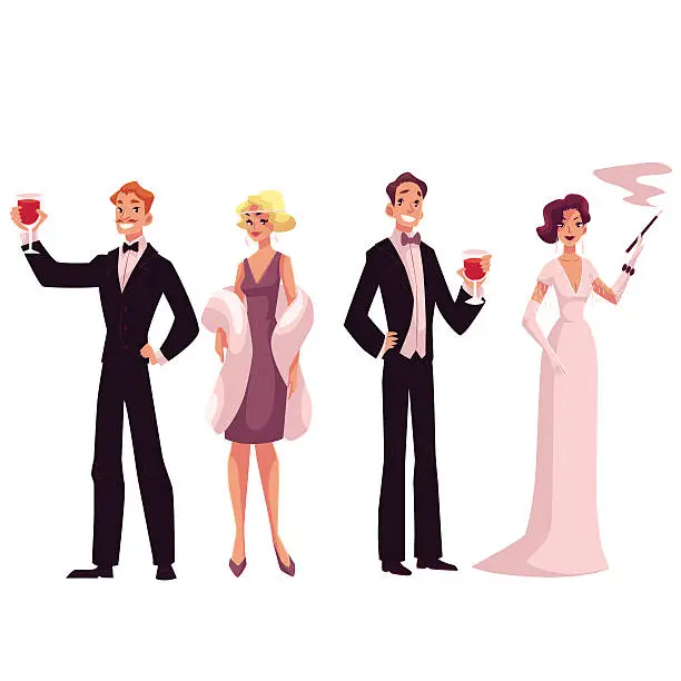 Vector illustration of People in 1920s style cocktail dresses at a vintage party