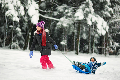 Brother and sister having fun with sled on winter day. Elder sister is pulling her little brother in a forest.