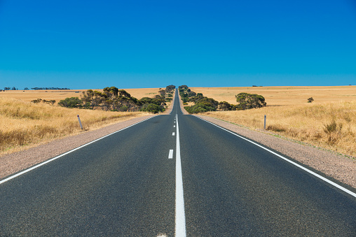 Straight line Australian highway in rural outback, Remote countryside landscape