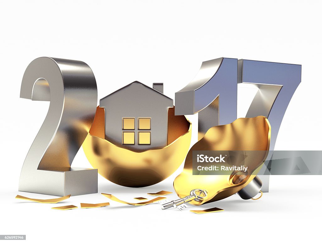Silver 2017 and broken golden Christmas ball with house Silver 2017 New Year and broken golden Christmas ball with house on white background. 3D illustration 2017 Stock Photo