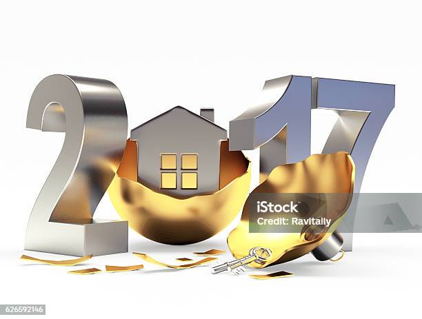 Silver 2017 And Broken Golden Christmas Ball With House Stock Photo - Download Image Now