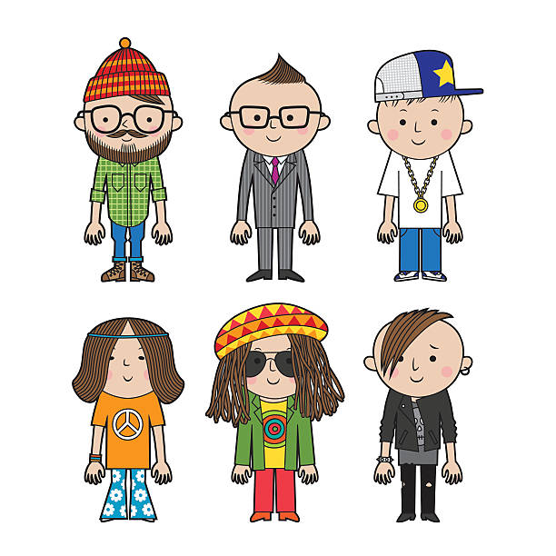 people_small1 Six men in different clothes. Vector set of different subcultures man. rockabilly boys stock illustrations