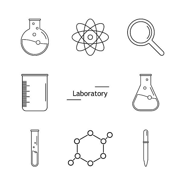 흰색 배경에 그래픽 세트 과학 및 화학 물체. ve - beaker flask laboratory glassware research stock illustrations